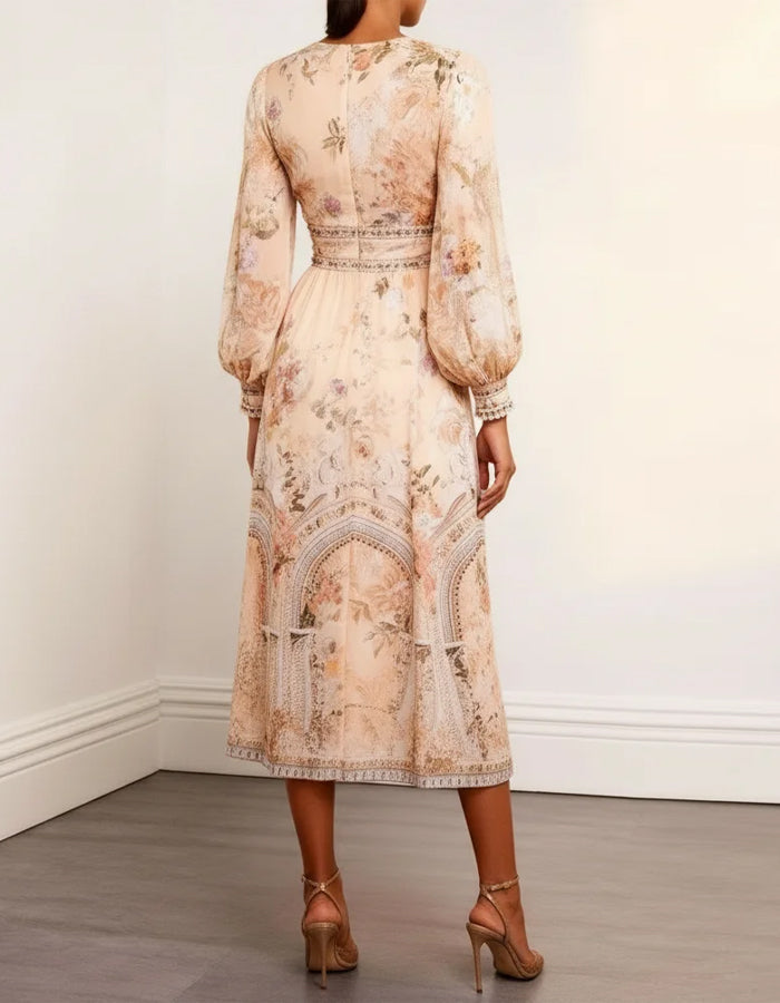 Apricot V-Neck Chiffon Print Midi Dress