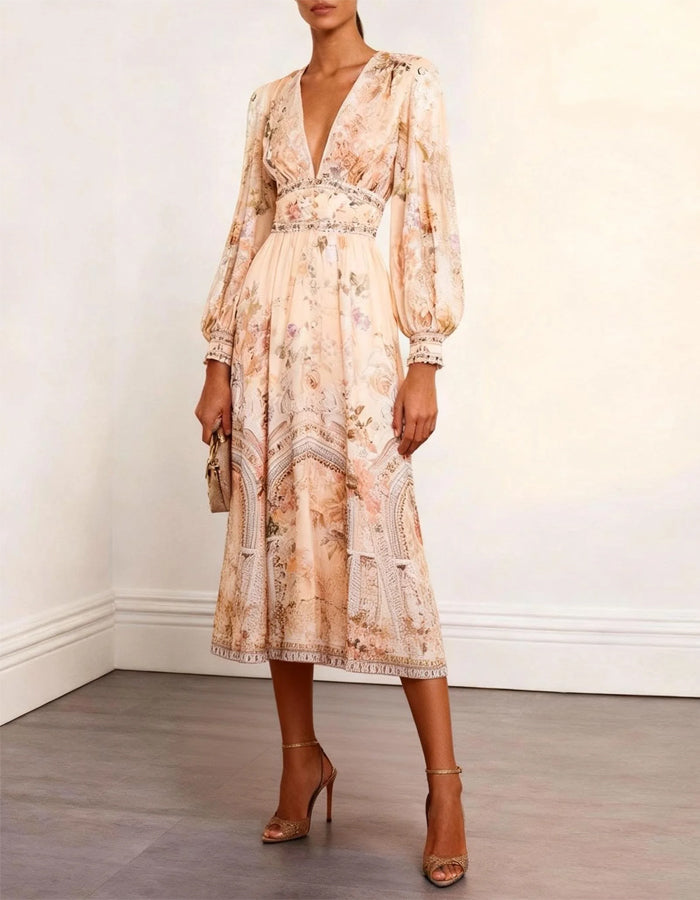 Apricot V-Neck Chiffon Print Midi Dress