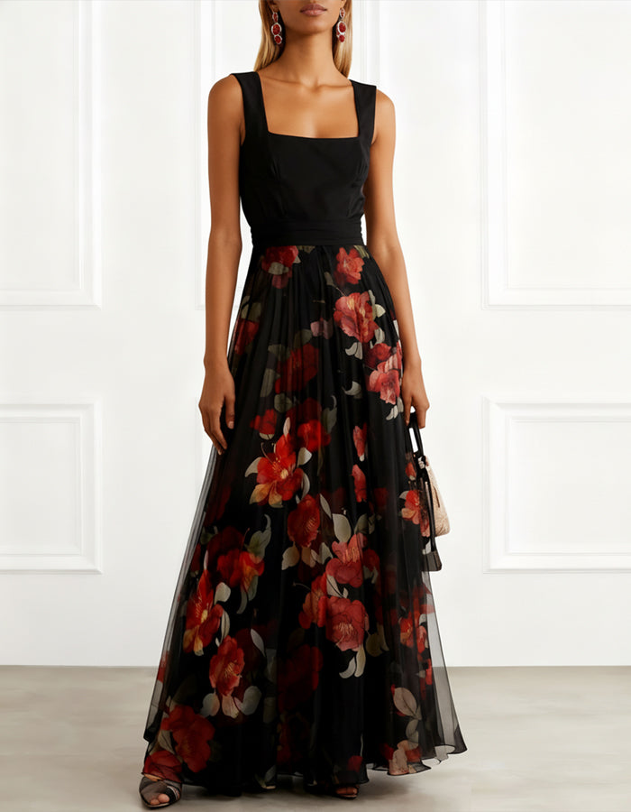 Camisola Negra con Vestido Maxi Estampado