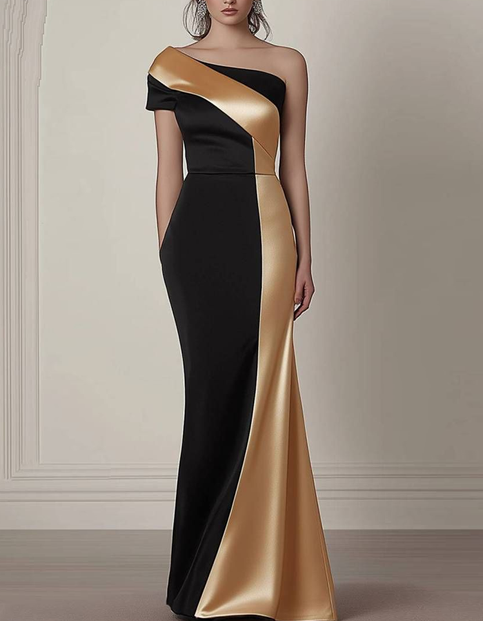 Black and Gold Satin Asymmetrical Maxi Dress – Alizua