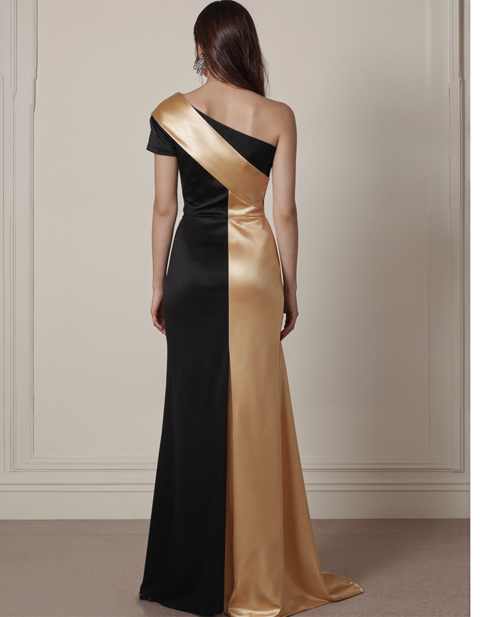 Black and Gold Satin Asymmetrical Maxi Dress