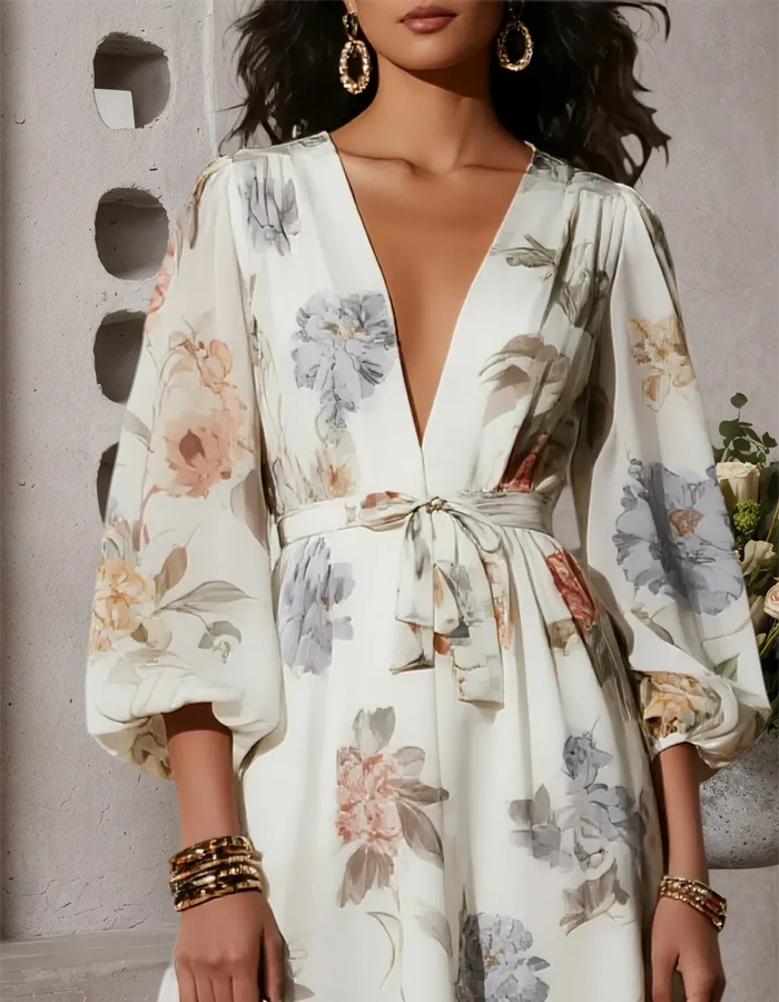 Ivory Printed Chiffon Deep V-Neck Midi Dress