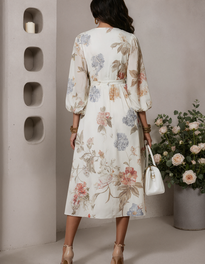 Ivory Printed Chiffon Deep V-Neck Midi Dress