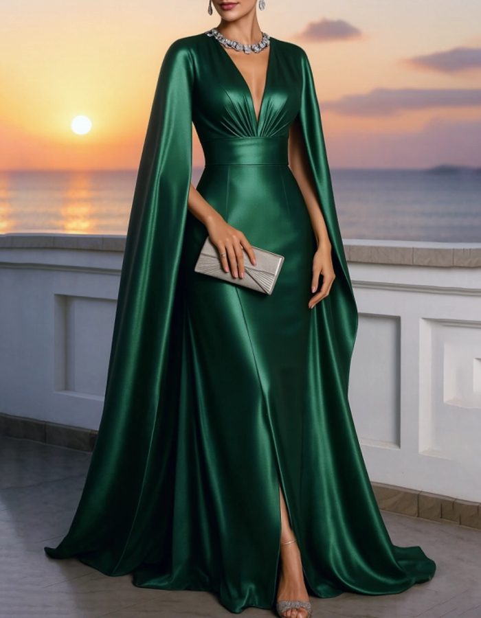 Vestido maxi efecto capa de satén