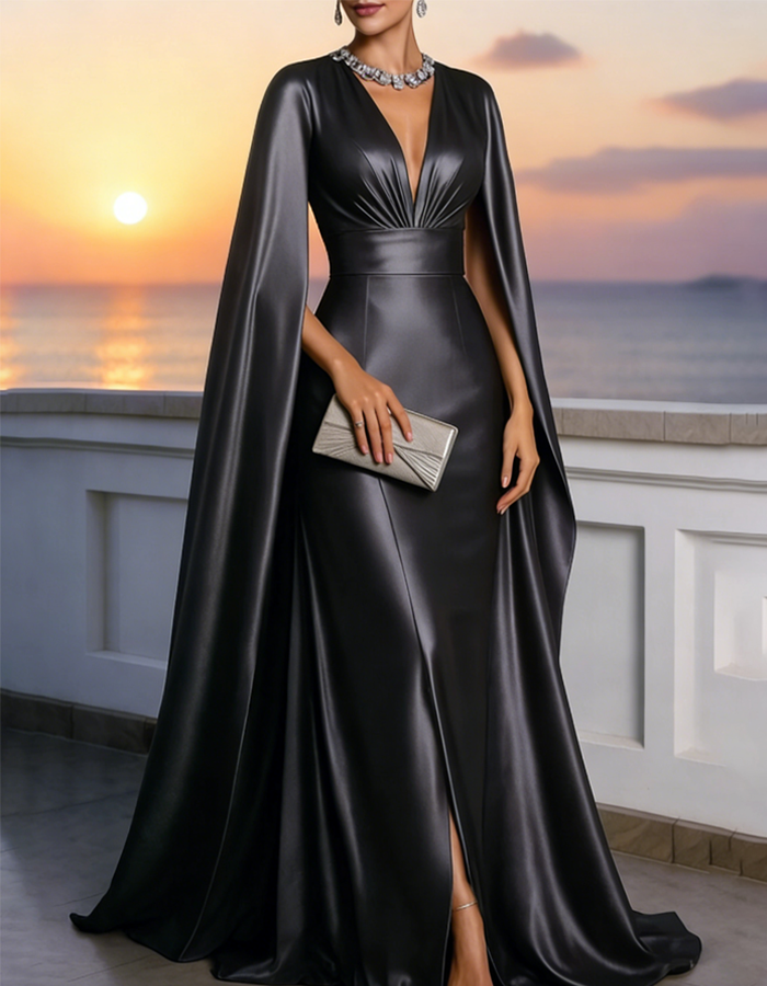 Vestido maxi efecto capa de satén