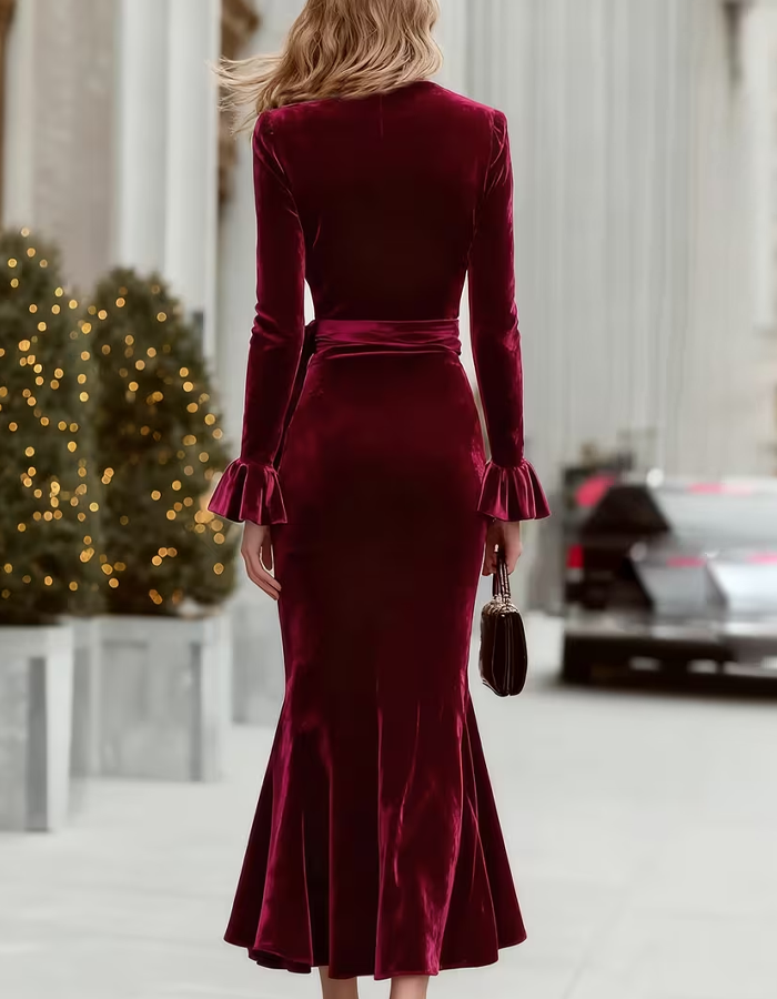 Burgundy Velvet Mermaid Maxi Dress