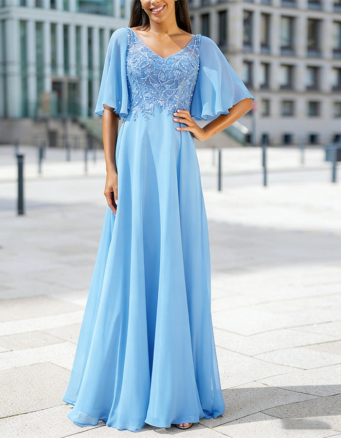V-neck Solid Color Lace Chiffon Maxi Dress
