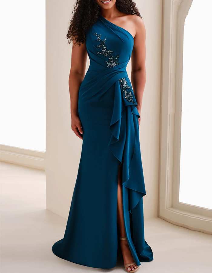 Vestido largo de satén estilo sirena con un solo hombro