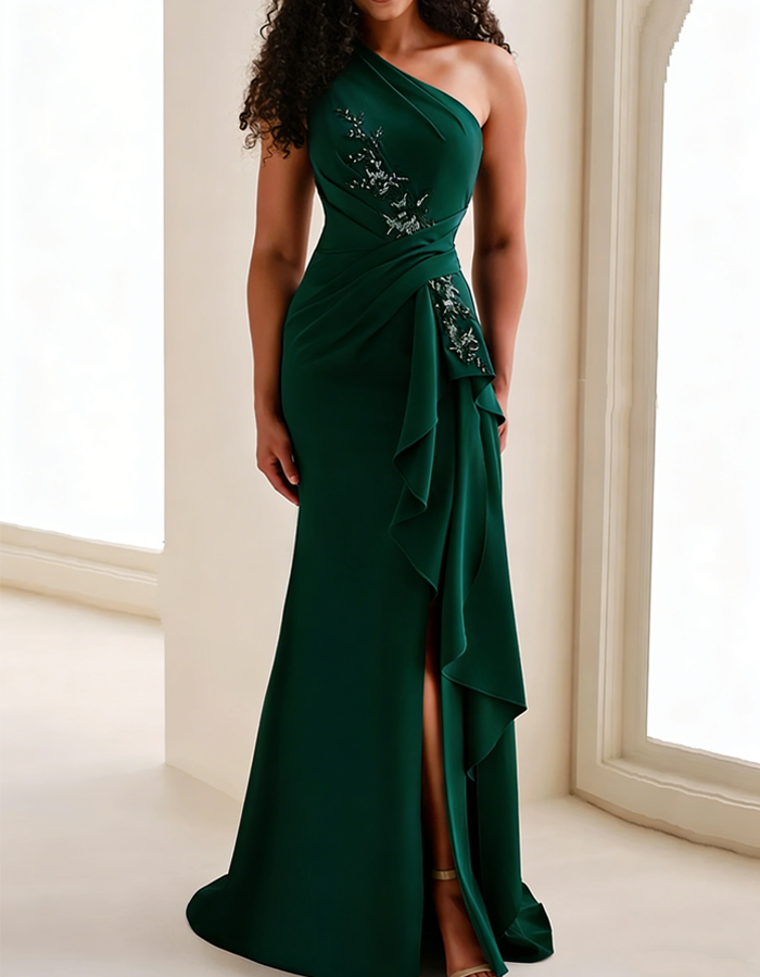 Vestido largo de satén estilo sirena con un solo hombro