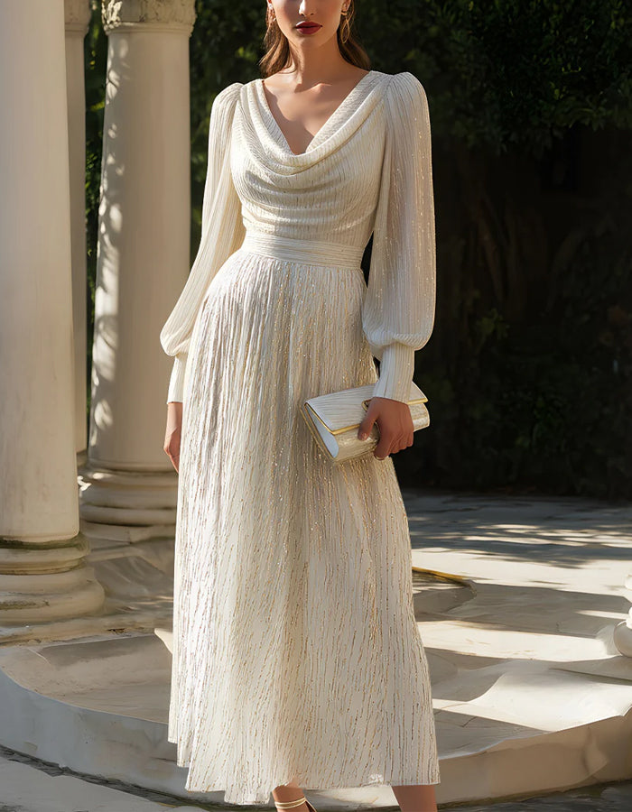 Milk White And Gold-plated Draped Neck Midi Dress