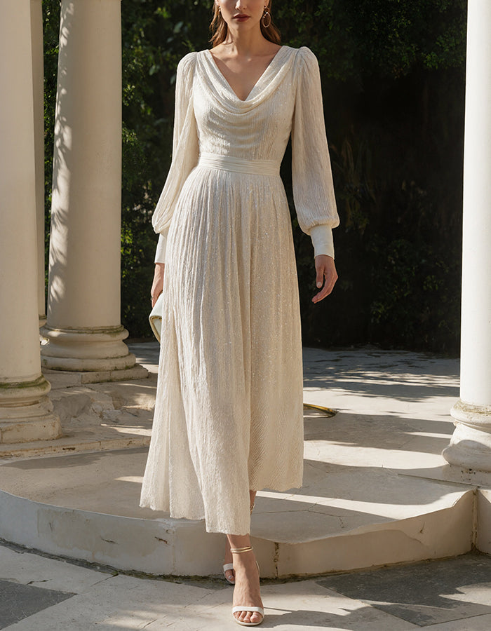 Milk White And Gold-plated Draped Neck Midi Dress