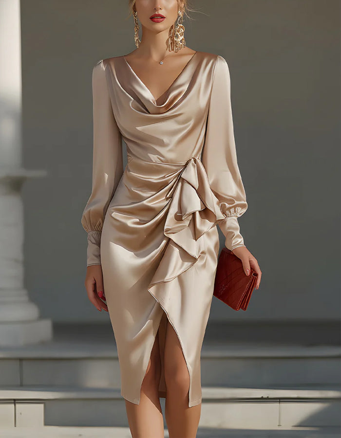 Champagne Satin Halter Neck Midi Dress