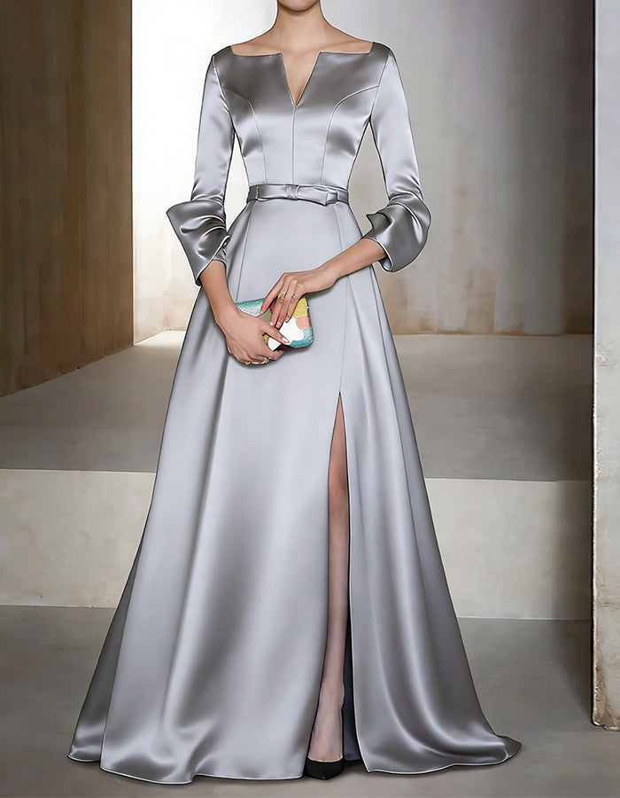 Vestido maxi de satén de cuello en V de manga larga de color liso