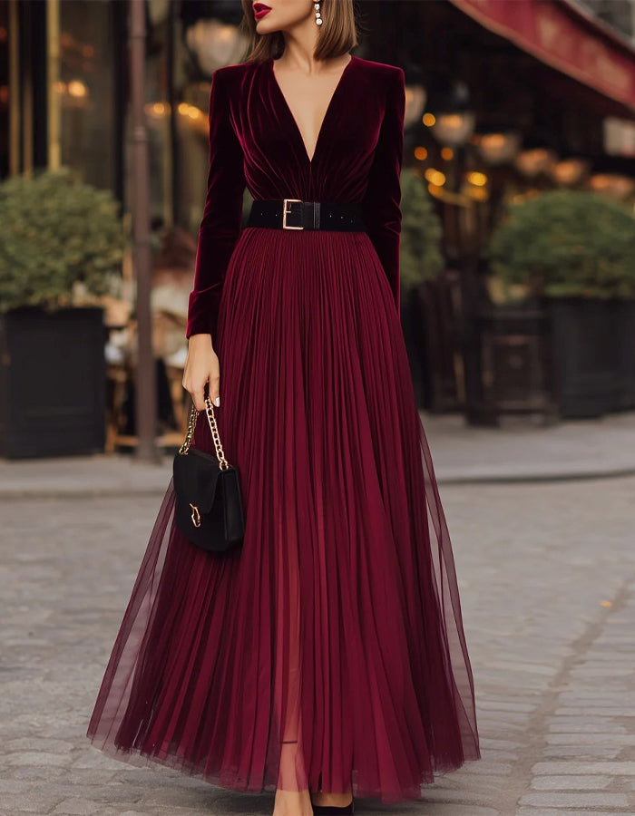Burgundy Velvet Pleated Maxi Dress