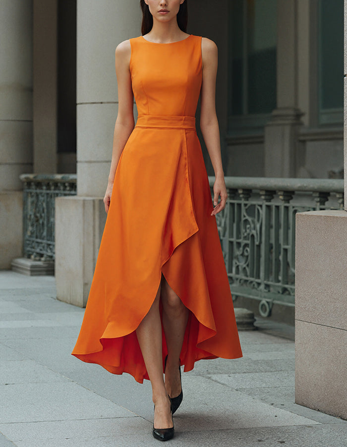 Bright Orange Sleeveless Asymmetrical Maxi Dress