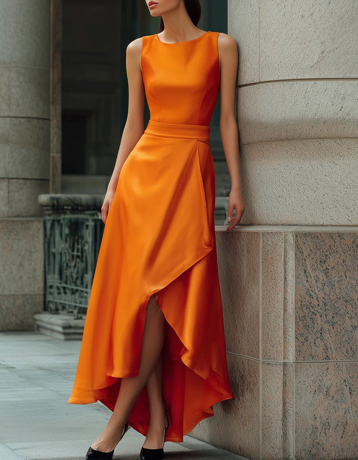 Bright Orange Sleeveless Asymmetrical Maxi Dress