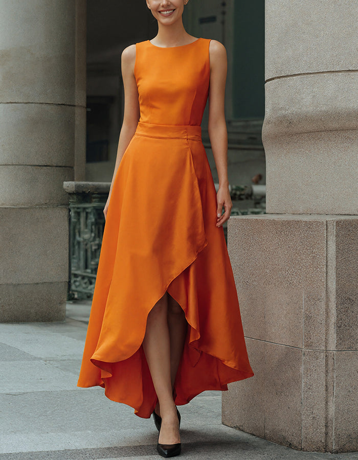 Bright Orange Sleeveless Asymmetrical Maxi Dress