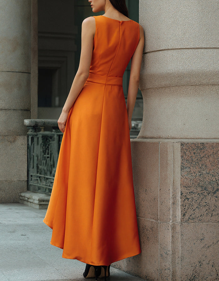 Bright Orange Sleeveless Asymmetrical Maxi Dress