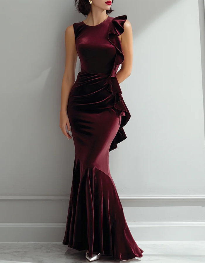 Burgundy Velvet Round Neck Sleeveless Maxi Dress
