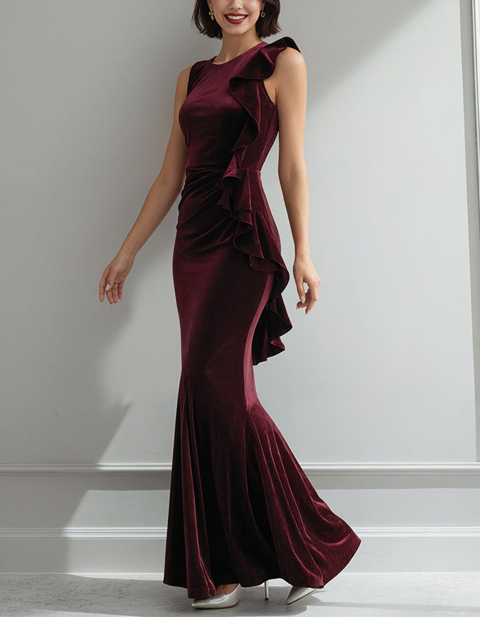Burgundy Velvet Round Neck Sleeveless Maxi Dress