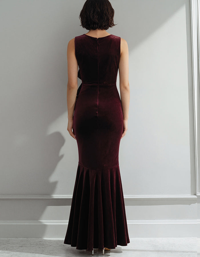 Burgundy Velvet Round Neck Sleeveless Maxi Dress
