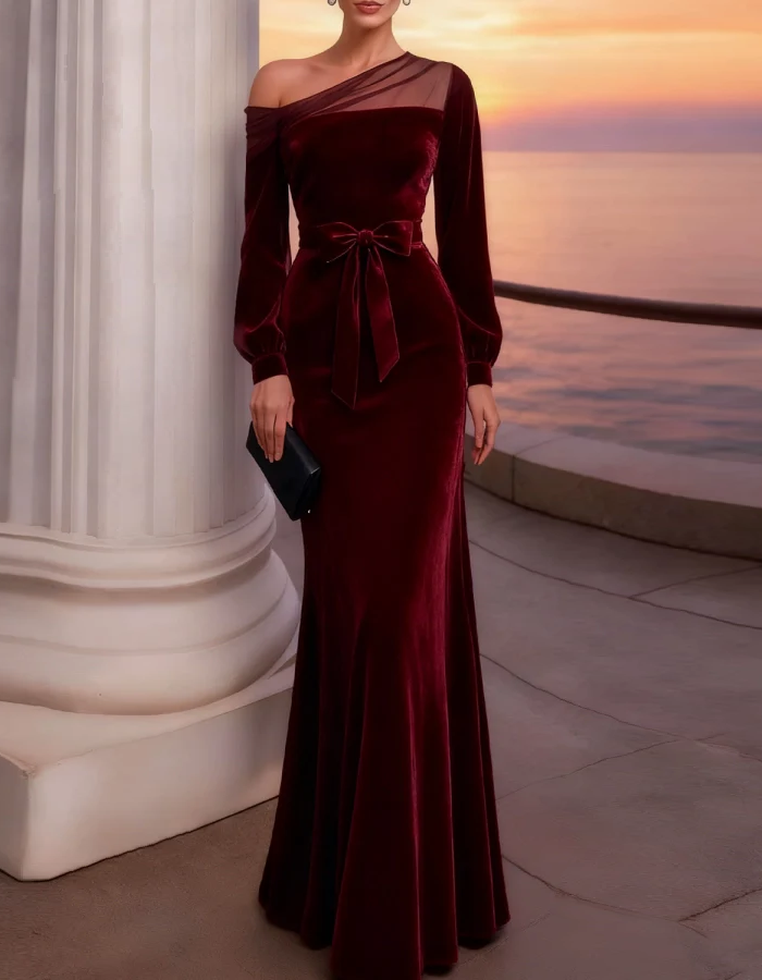 Burgundy Velvet One-Shoulder Maxi Dress