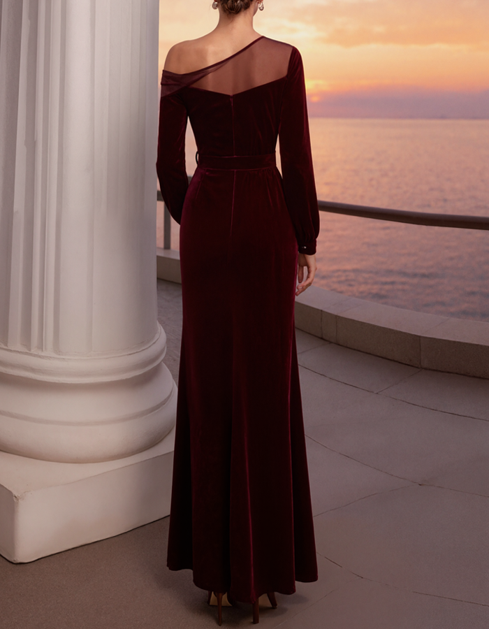 Burgundy Velvet One-Shoulder Maxi Dress