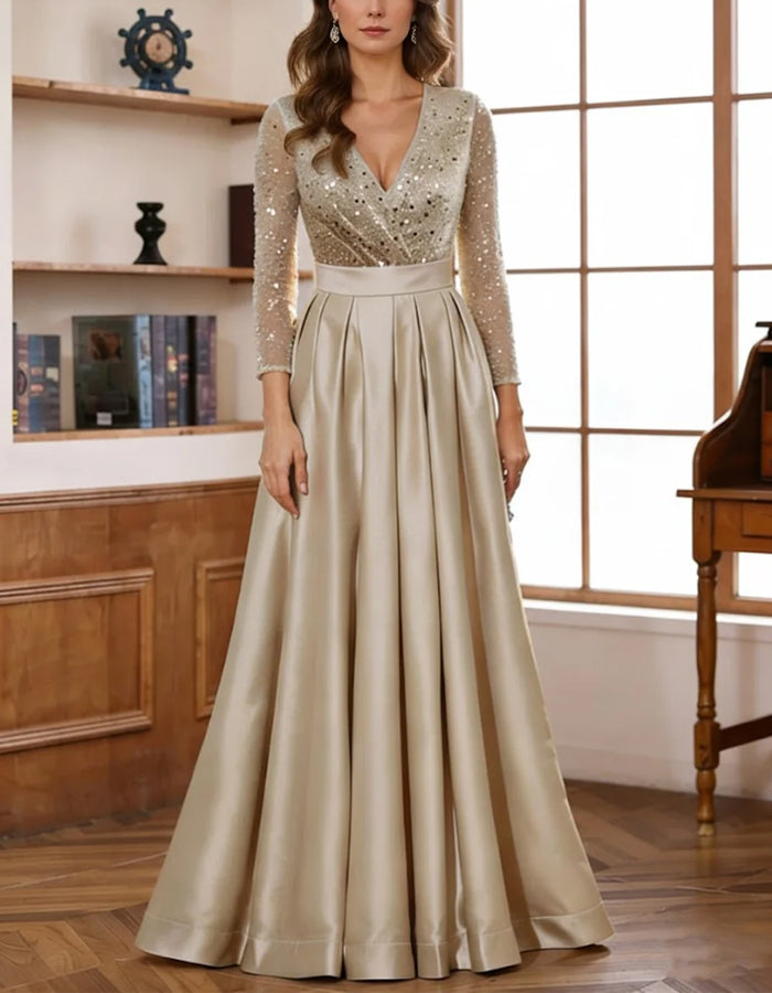 Champagne Satin Sequined Maxi Dress