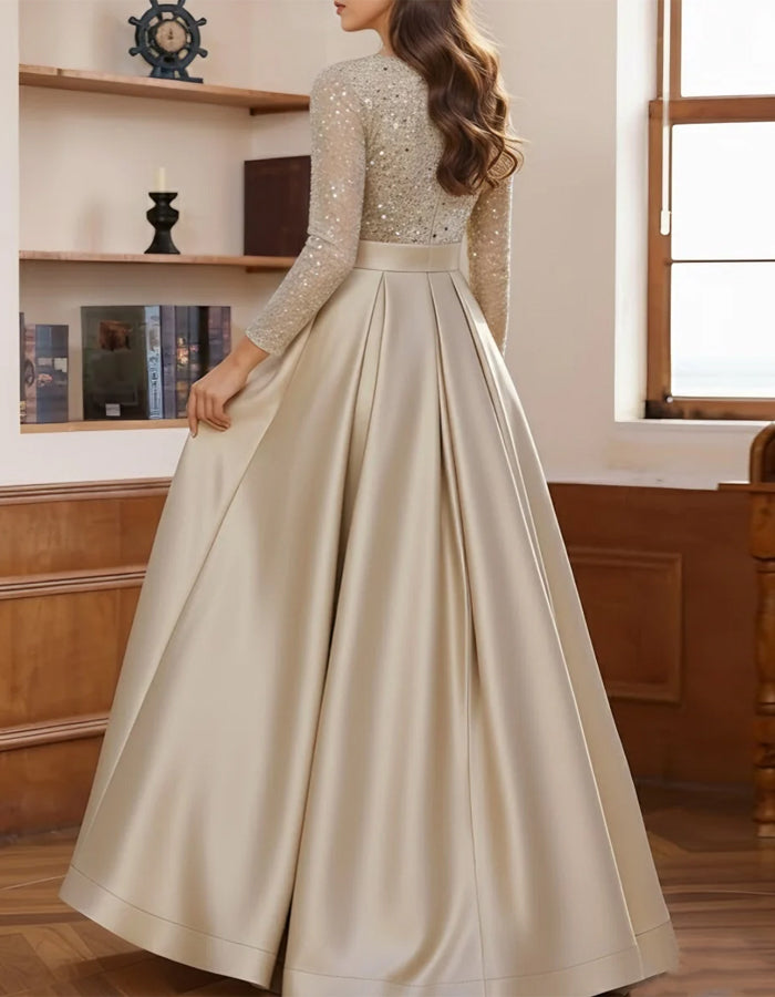 Champagne Satin Sequined Maxi Dress