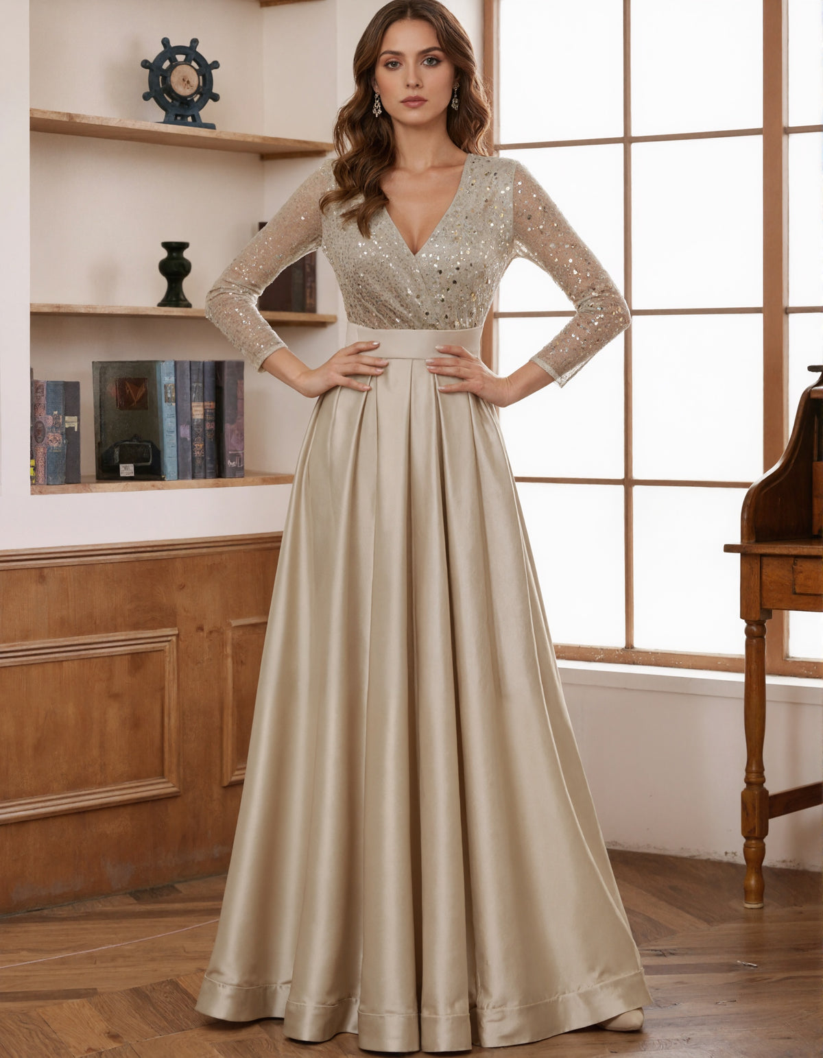 Champagne Satin Sequined Maxi Dress