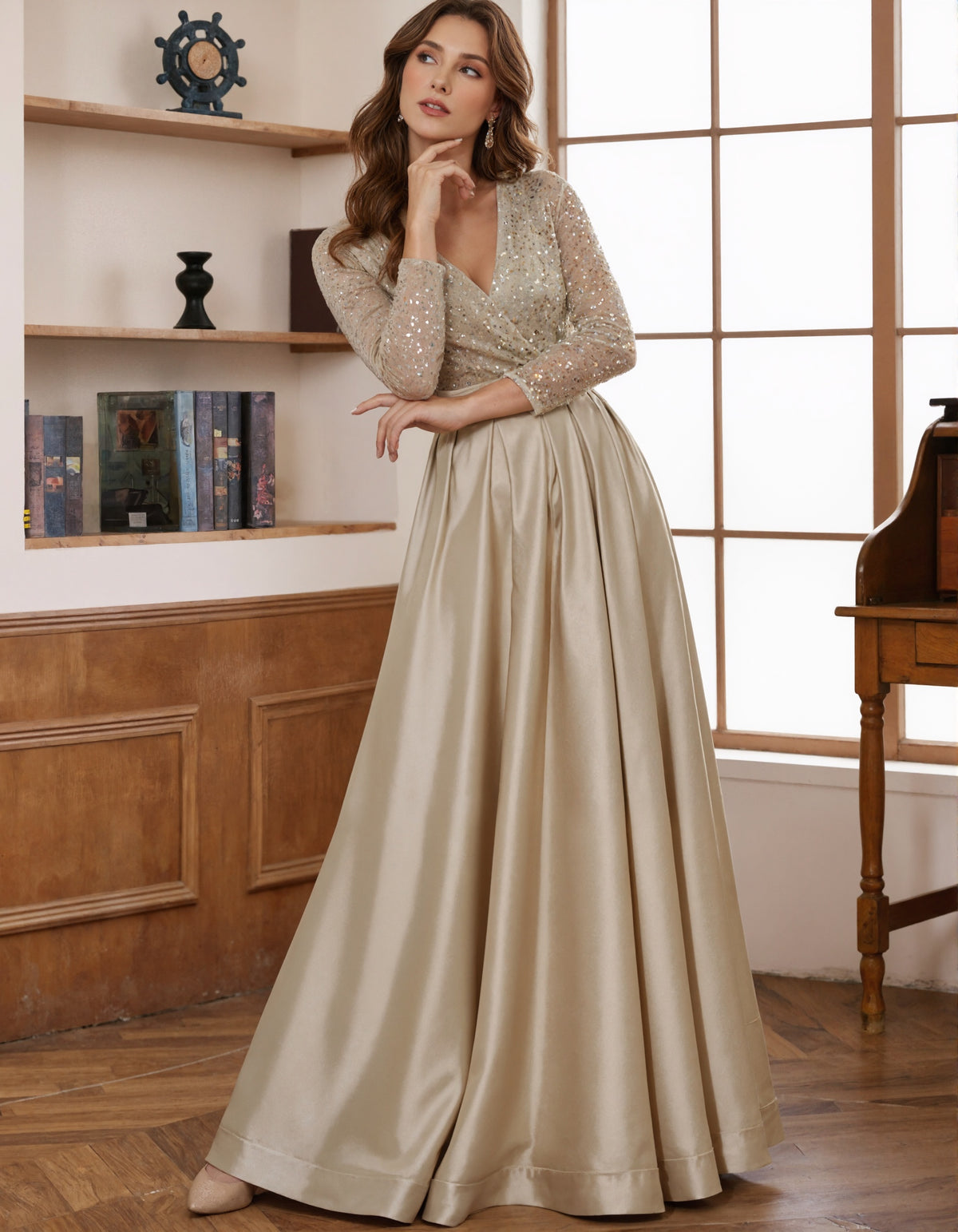 Champagne Satin Sequined Maxi Dress