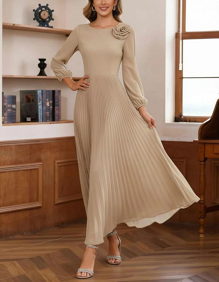 Light Khaki Chiffon Pleated Maxi Dress