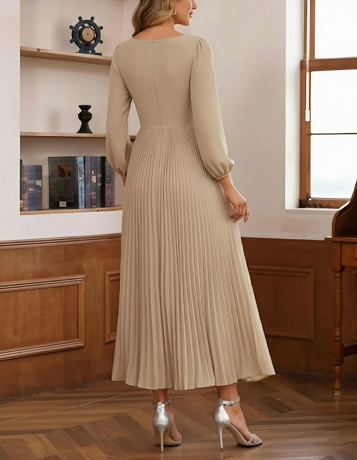 Light Khaki Chiffon Pleated Maxi Dress
