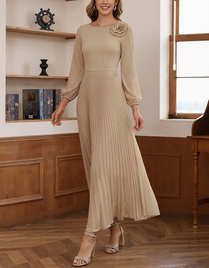 Light Khaki Chiffon Pleated Maxi Dress