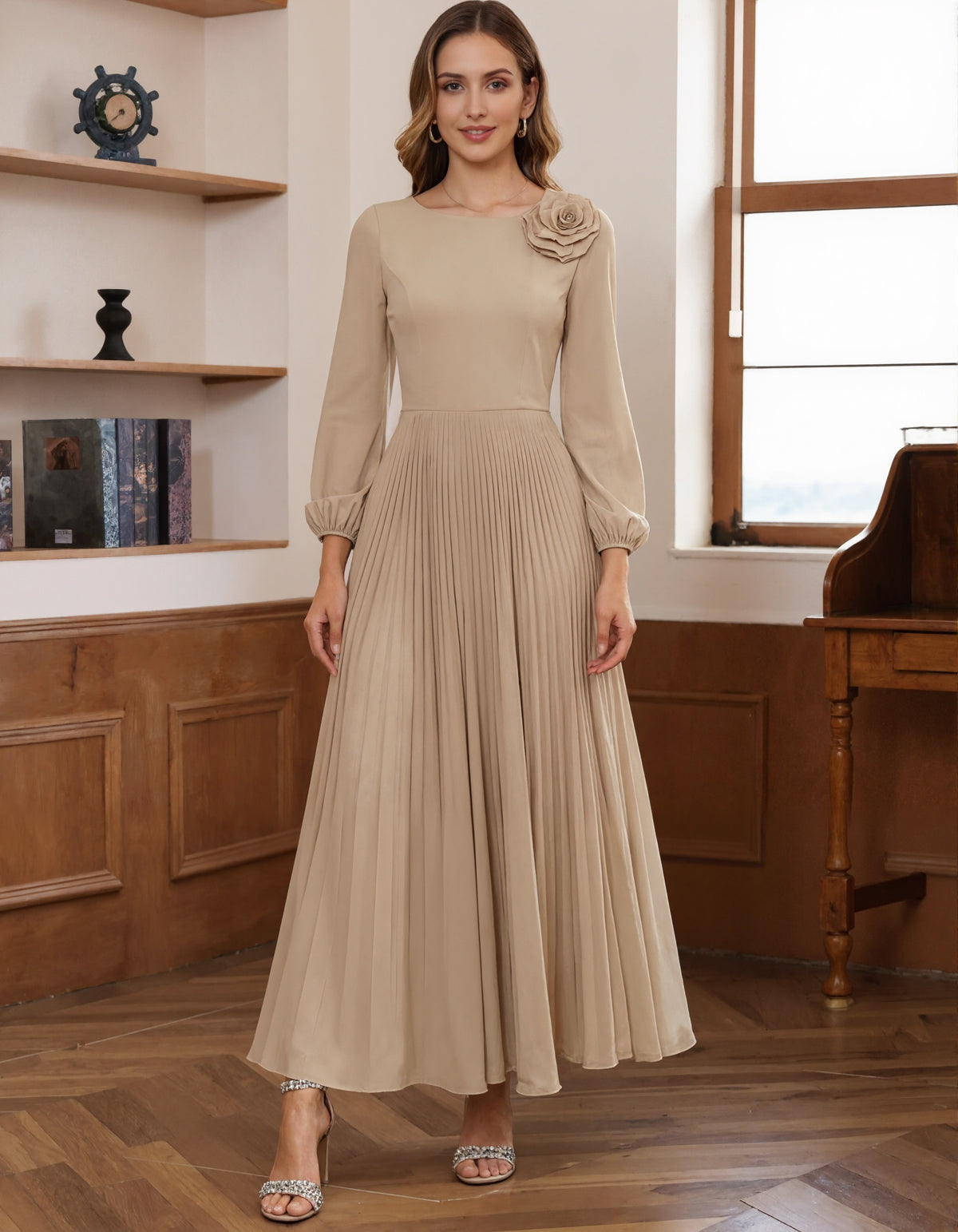Light Khaki Chiffon Pleated Maxi Dress
