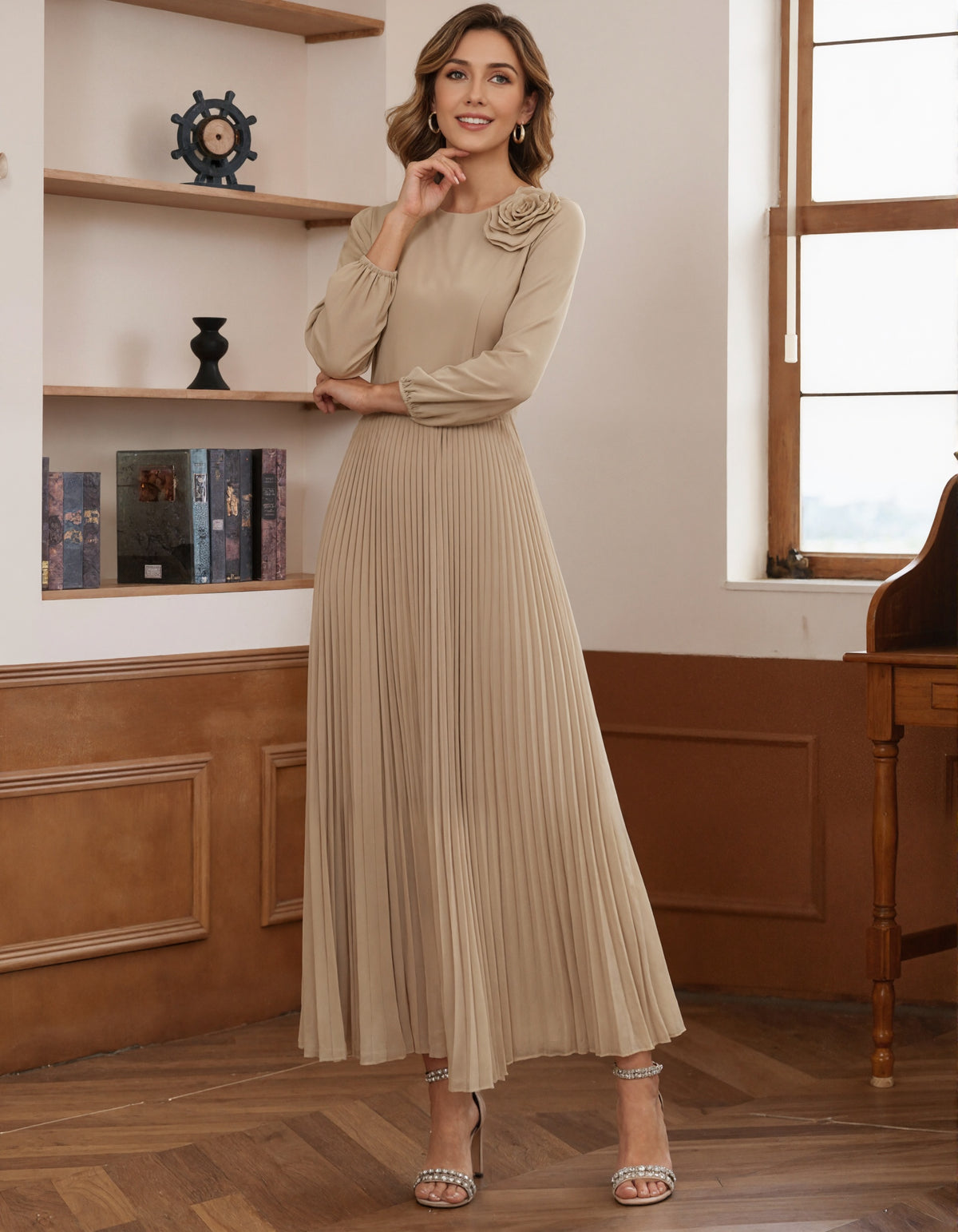 Light Khaki Chiffon Pleated Maxi Dress