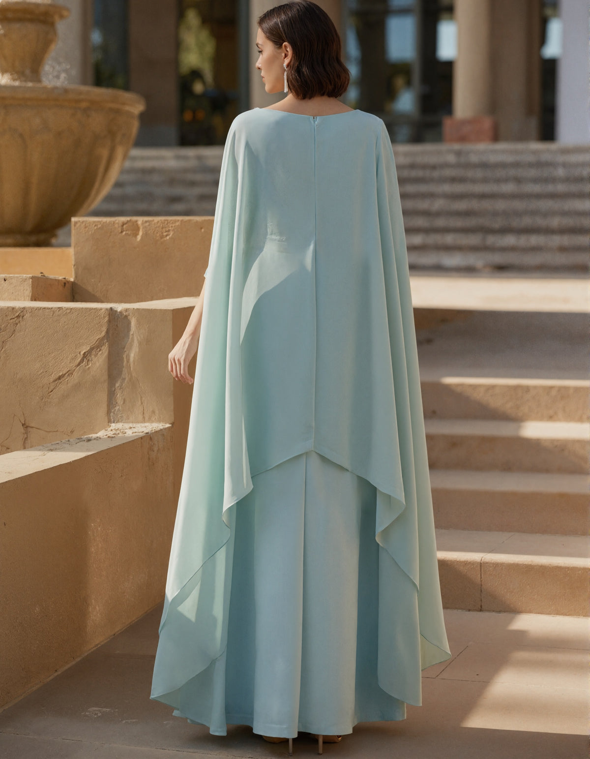 Light Blue Lace Cape Slit Maxi Dress