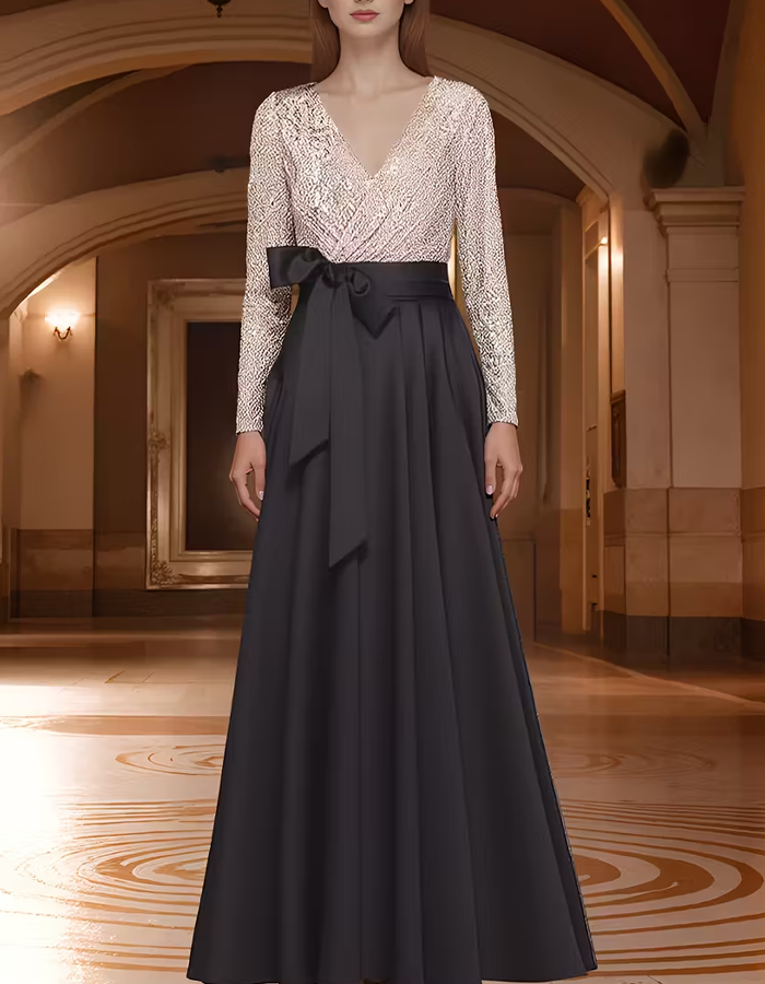 Champagne Sequined Black Satin Maxi Dress