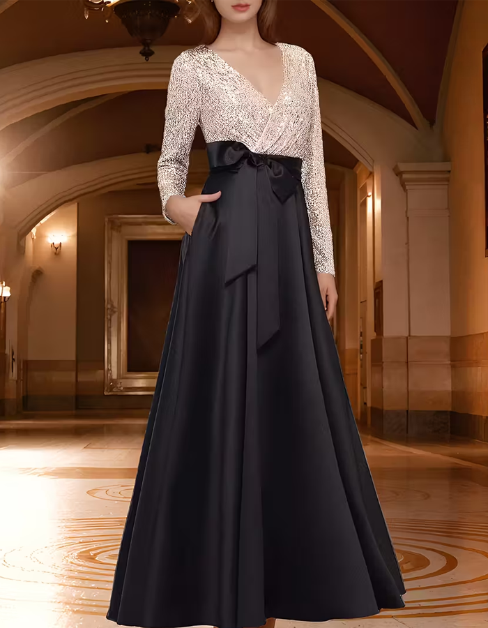 Robe longue en satin noir à sequins champagne