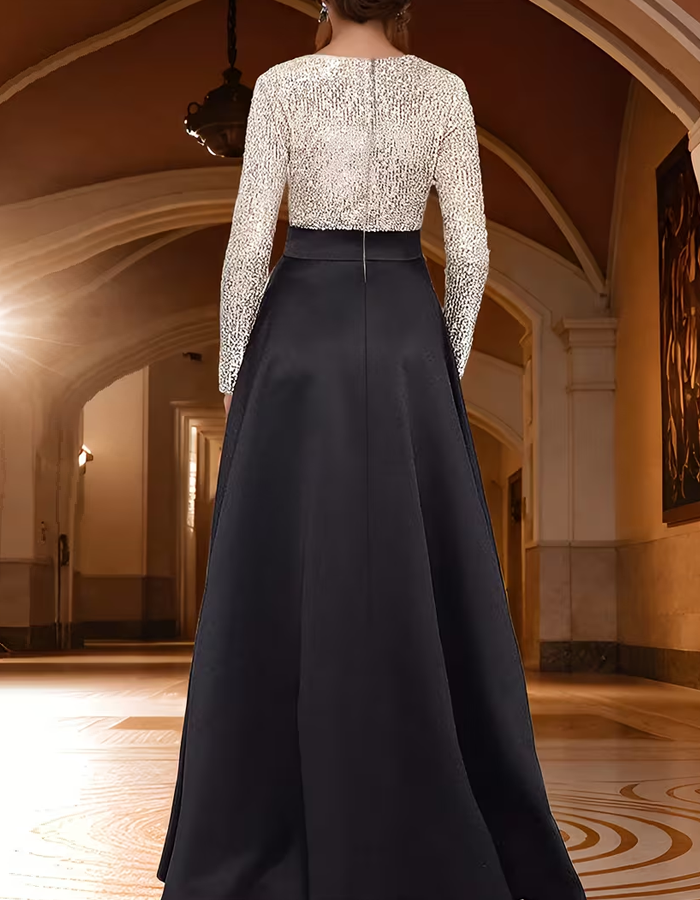Champagne Sequined Black Satin Maxi Dress