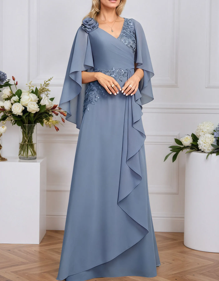 Vestido Largo con Chal de Encaje de Gasa