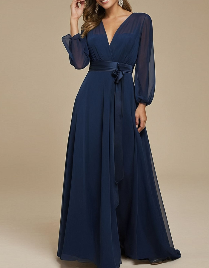 Chiffon And Satin Belt Maxi Dress