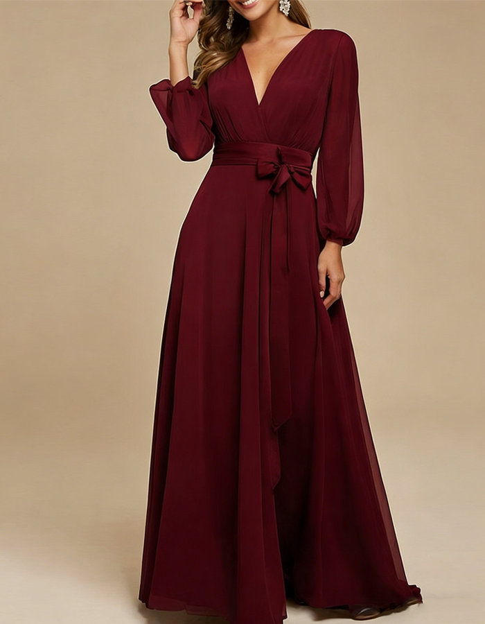 Vestido maxi con cinturón de gasa y satén
