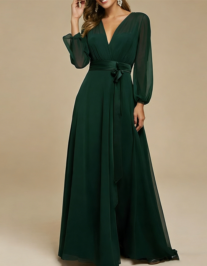 Chiffon And Satin Belt Maxi Dress