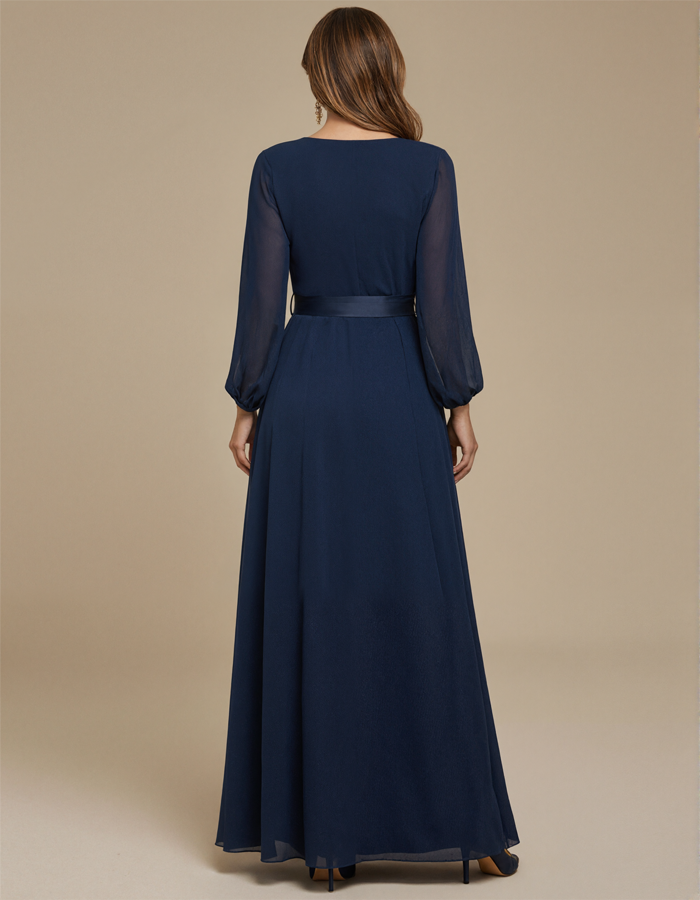 Vestido maxi con cinturón de gasa y satén