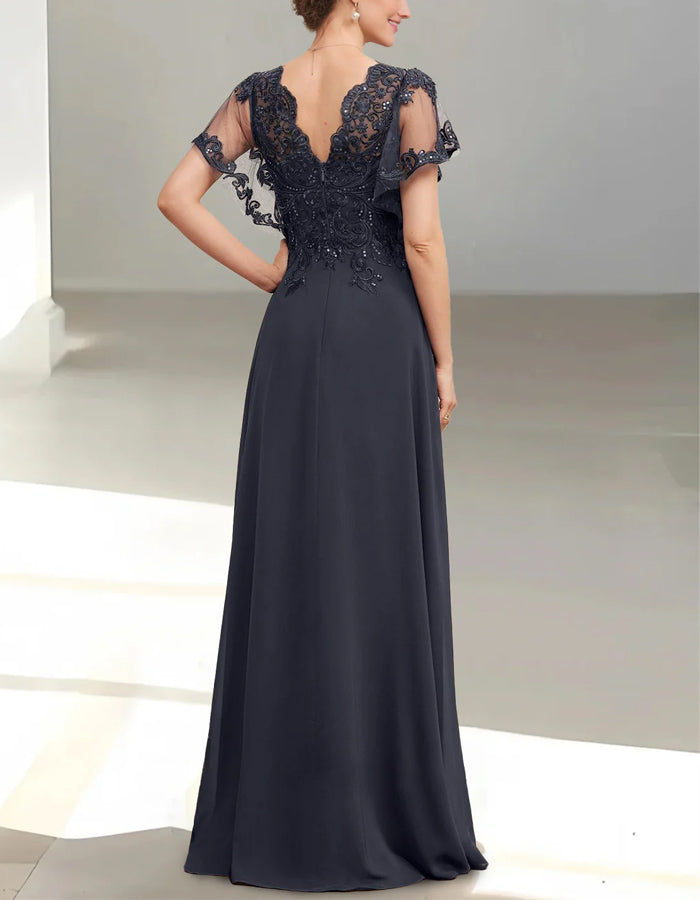 Navy Blue V-Neck Lace Chiffon Maxi Dress