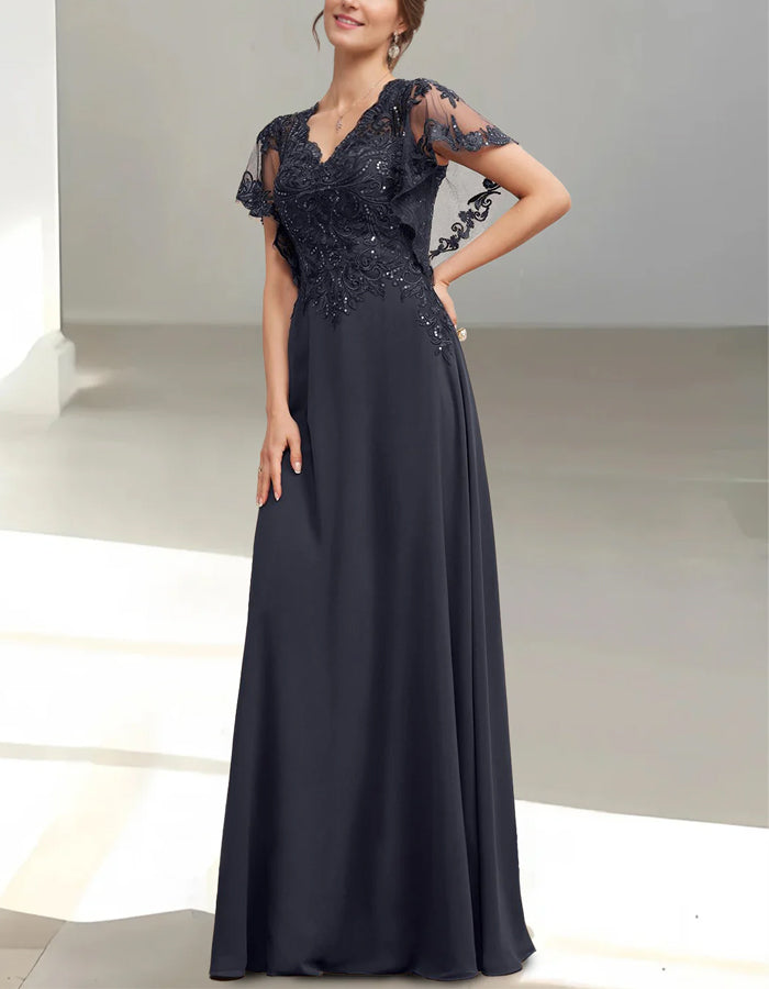 Navy Blue V-Neck Lace Chiffon Maxi Dress