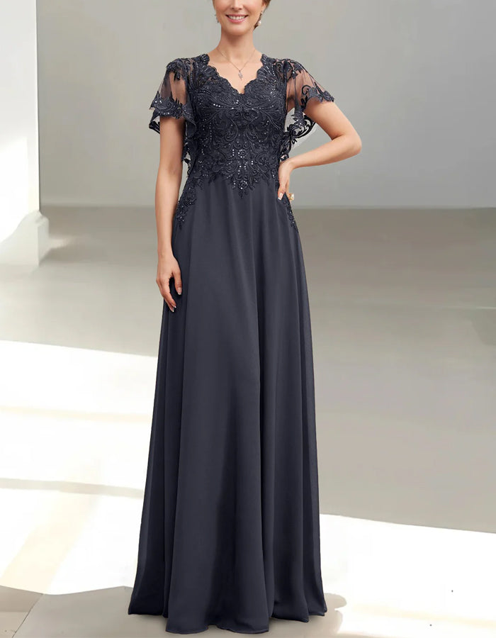 Navy Blue V-Neck Lace Chiffon Maxi Dress