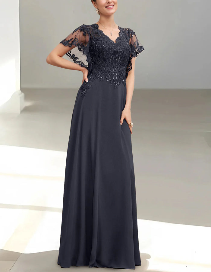 Navy Blue V-Neck Lace Chiffon Maxi Dress