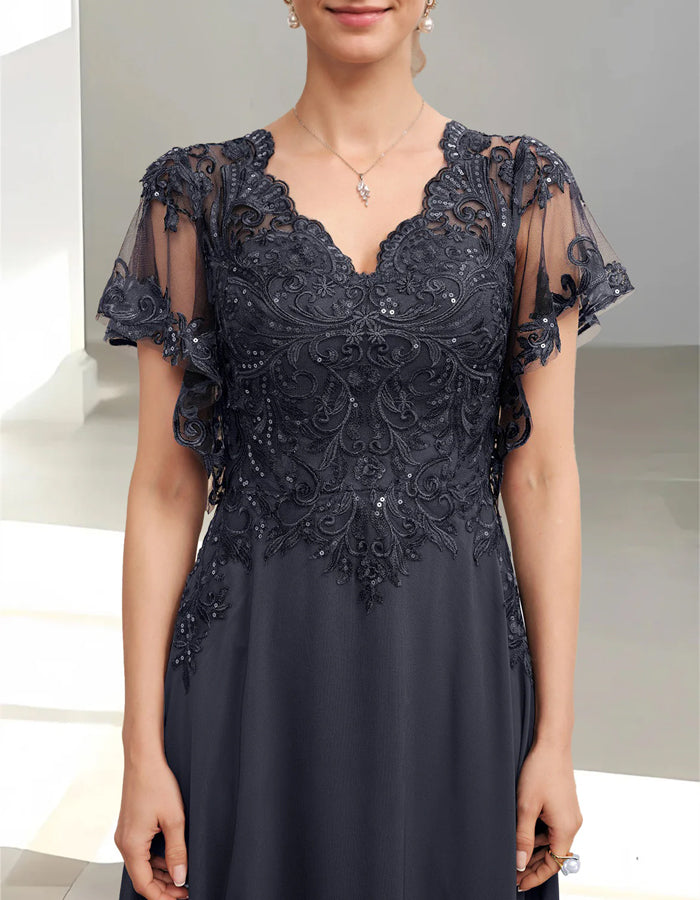 Navy Blue V-Neck Lace Chiffon Maxi Dress